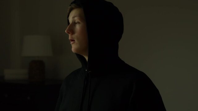 Person in hoodie with blue and red light, eerie mood, mysterious scene