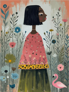 Illustration of a young afroamerican girl wearing a traditional dress with pink flamingo