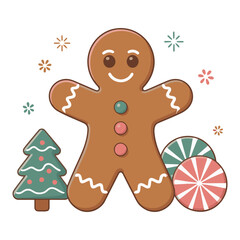 Happy gingerbread man with christmas tree and round candies flat vector illustration