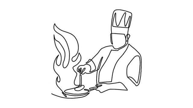 Continuous line animation of chef cooking gourmet meal, chef preparing food
