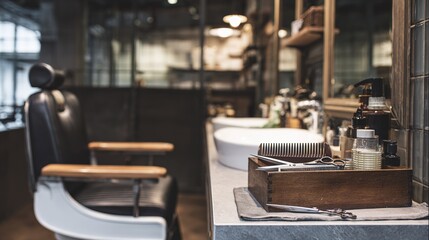 razor. An empty barber chair with neatly arranged tools, showcasing a clean and inviting grooming space. lifestyle magazines, social media lookbooks, designed for influencer and brand collaborations.