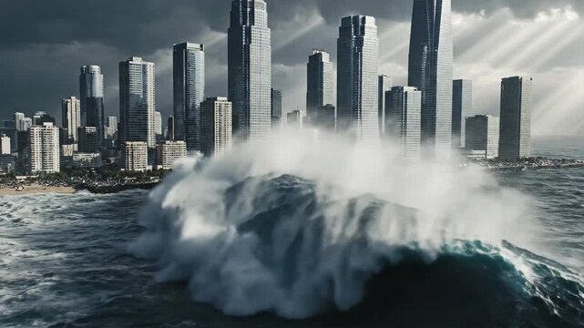 Epic visualization of a colossal wave about to engulf a coastal city. Dramatic sky