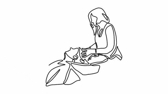 continuous line animation of young relaxed woman washing hair in hair salon