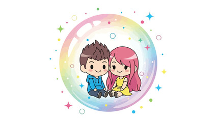 Love in a Bubble: A charming couple sits serenely within a vibrant, iridescent bubble, surrounded by twinkling stars, and embodying the essence of pure affection and togetherness.