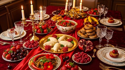 Fototapeta premium Opulent Festive Dinner Table with Glowing Candles, Fresh Fruits, Traditional Pastries, and Savory Dishes
