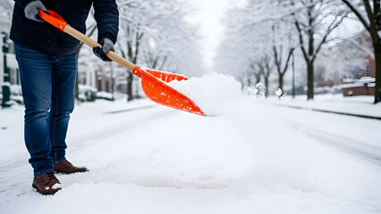 Worker shoveling snow on a street during a winter snowfall, clearing path.