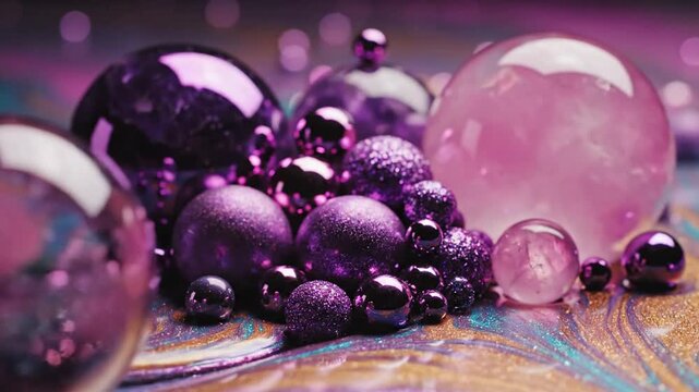 Shiny purple and pink glass Christmas ball decorations and violet spheres with jewelry beads create a festive holiday celebration pattern on snow