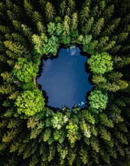 Aerial view of a forest with a clear, dark lake in the center
