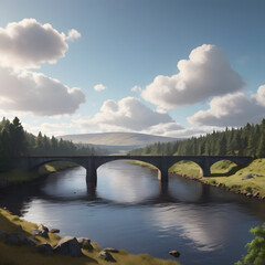 Serene stone bridge over a tranquil stream in a lush, flower-filled valley. Lush green trees, colourful flowers, and a picturesque stone arch bridge.