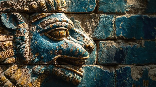 babylonian. Ancient Babylonian wall fragment with a blue glazed brick lion relief. event programs, museum guides, designed for cultural heritage projects and event programs, preserves heritage.