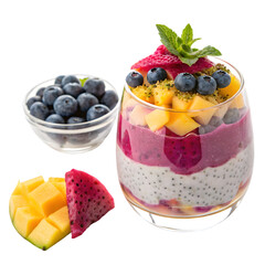 Dragon Fruit Mango Blueberry Parfait on transparent background
