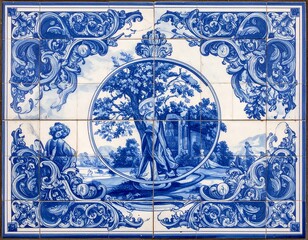 Blue and white tiled mural depicting a figure near a tree
