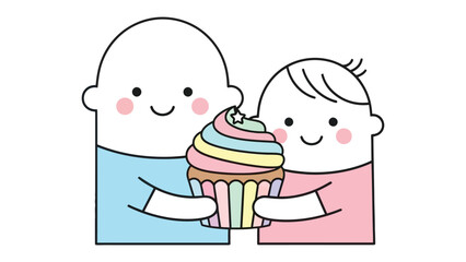 Sweet Shared Delight: Two individuals, filled with joy, unite to present a beautifully decorated cupcake. It captures a precious moment of love and celebration, focusing on unity and sweet pleasures.
