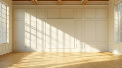 Obraz premium Sunlight streams through large windows into an elegant room with paneled walls. Warm sunlight casts geometric shadows across the polished wooden floor and ornate wall panels of an empty.