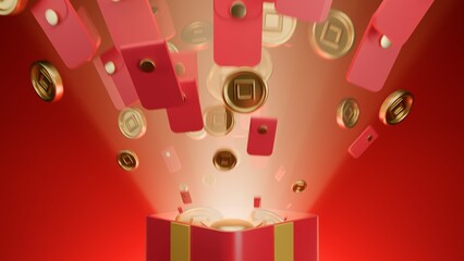 Chinese New Year background showing golden coins and lucky envelop from a red gift box. Good luck for the new year. Suitable for Lunar New Year promotions, advertising backgrounds