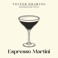 Espresso Martini Cocktail Black and White Retro Vector Illustration