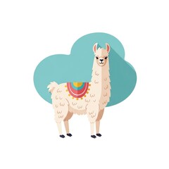 Obraz premium Cartoon Llama with Colorful Saddle and Blue Cloud Background.