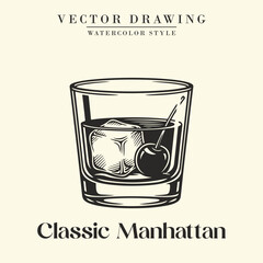 Classic Manhattan Cocktail Black and White Retro Vector Illustration