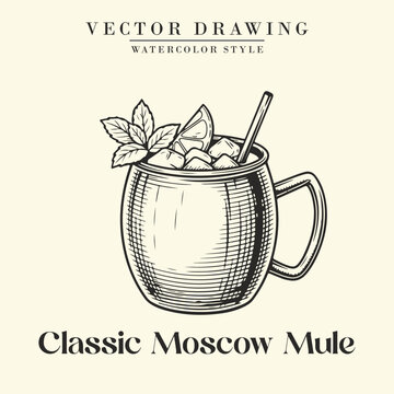 Classic Moscow Mule Cocktail Black and White Retro Vector Illustration