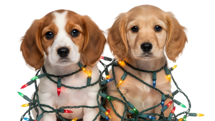 Two adorable puppies tangled in christmas lights on transparent background