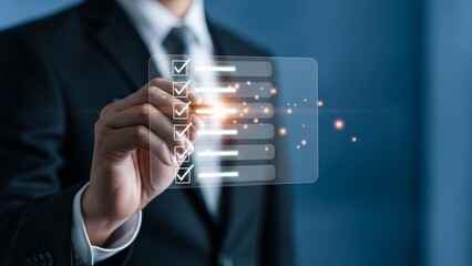 Businessman checking off items on a digital checklist with glowing effects