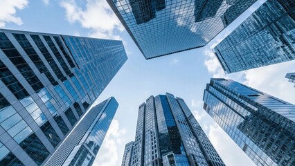 Fototapeta premium Looking up at modern skyscrapers against a blue sky
