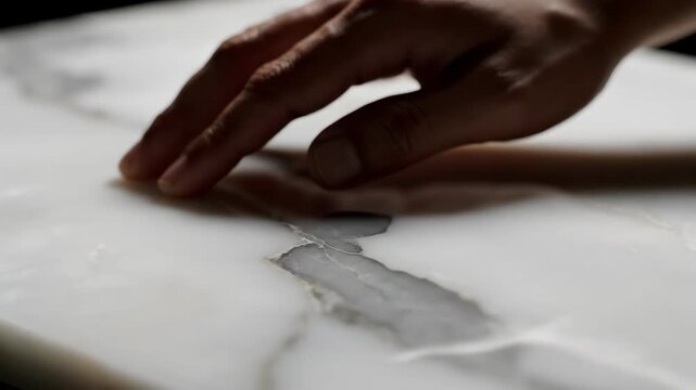 Close-up of hand gently touching a polished marble surface emphasizing texture and surface detail