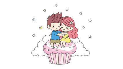 Sweetheart's Embrace on a Delightful Treat: A tender scene of a couple, nestled together atop a whimsical cupcake, their hearts intertwined with the softest of clouds and floating hearts.