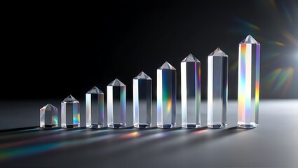 Clear crystal prisms arranged in a rising bar graph formation with light refraction