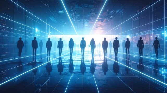 Silhouetted People Walking Through Futuristic Digital Tunnel