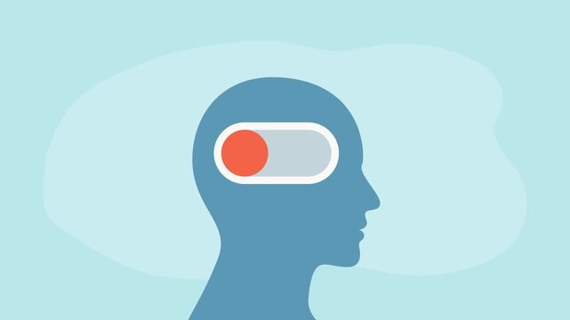 Illustration of a human head silhouette with a toggle switch inside representing a mental state of being turned off or exhausted.