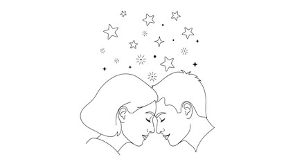 Infinite Love Under the Stars: Two figures, their faces close together beneath a cascade of twinkling stars, symbolizing unity and togetherness in a moment of pure bliss.
