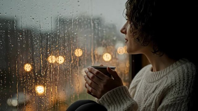 Woman drinking tea by rainy window, calm peaceful indoor scene