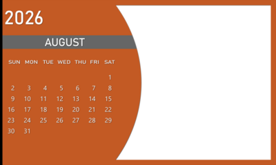 August 2026 calendar page with orange and white design