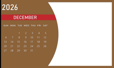 December 2026 Calendar with Brown and Red Design and Blank Space