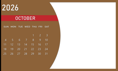 October 2026 calendar page with brown and red design