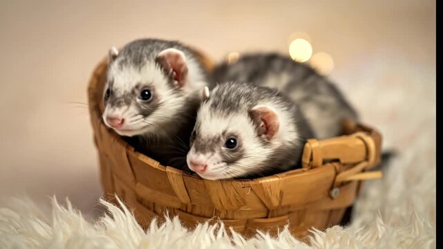 Ferrets in basket  Fluffy blanket backdrop.