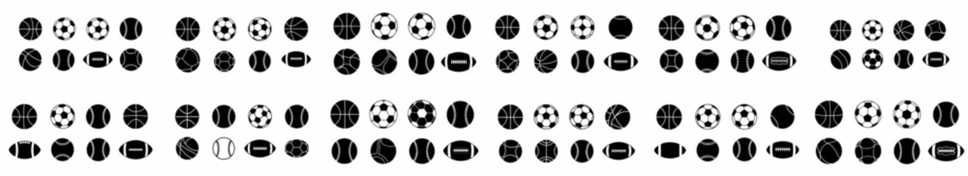 Seamless vector pattern of various black silhouette sport balls: basketball, soccer, baseball, and football icons repeated across a white background.