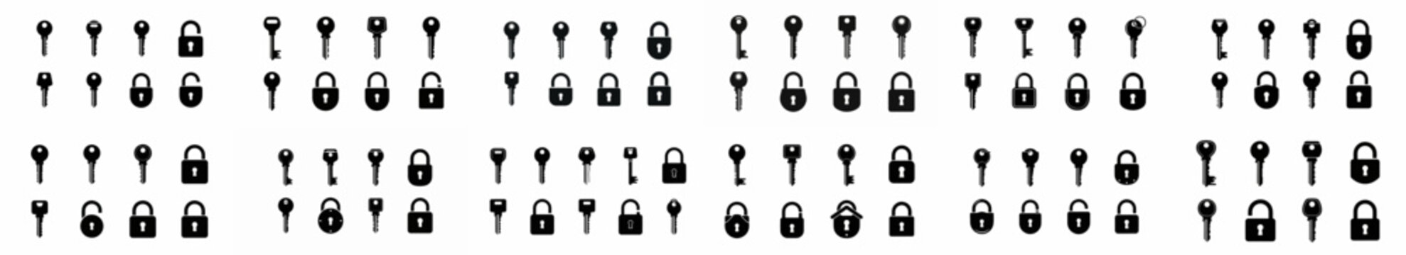 Key and padlock icon collection: black silhouettes of diverse lock and unlock symbols for security, access control, and privacy concepts on a white background.