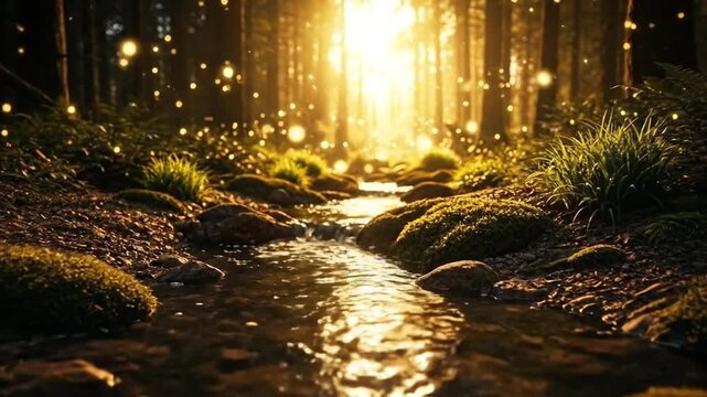Serene forest stream flowing through mossy rocks and lush greenery towards a radiant light in the distance