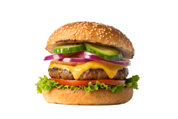 A juicy cheeseburger with beef, cheese, lettuce, tomato, and sesame bun isolated on a white background