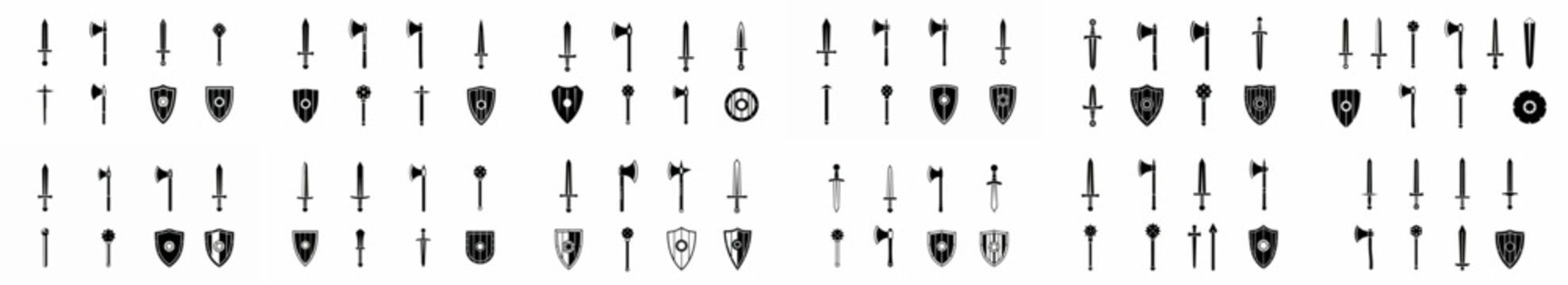Medieval and Fantasy Weaponry Icon Set: Swords, Axes, Maces, and Shields Collection in Black Silhouette for Gaming or Historical Design.