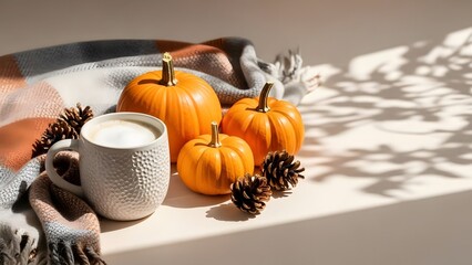 Autumnthemed decorative arrangement with pumpkins, pinecones, and cozy knit blanket