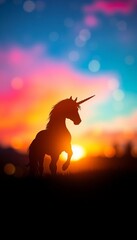 Mystical unicorn silhouette against a vibrant bokeh backdrop at twilight, art, dreamy