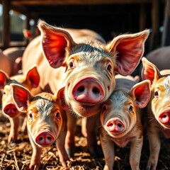 Mother pig and her piglets curiously looking at the camera, noses snuffling, in a sunlit farm setting, young animals, young pigs
