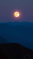 Moonlight illuminating a mountain range at dusk, with the full moon rising above the horizon, casting long shadows, reflection, outdoor