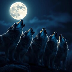 Moonlit wolf pack under a full silvery moon, howling in unison as their glowing eyes pierce the darkness, enchanted, mystical