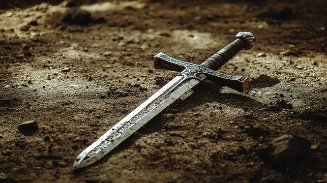 speciation. Medieval sword and axe crossed on a ground, dirt and minimal debris, dramatic side lighting. event programs, museum guides, designed for cultural heritage projects and event programs.