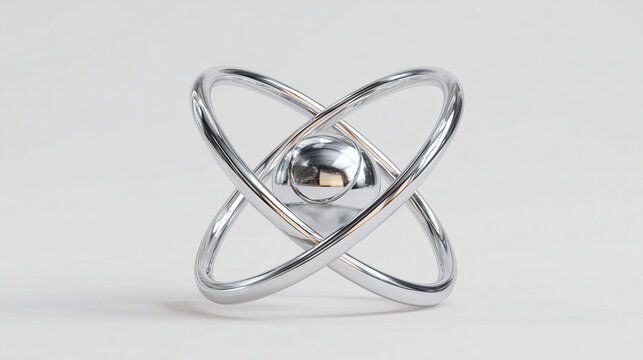 High-end silver atomic orbit symbol with smooth chrome finish isolated on clean white.
