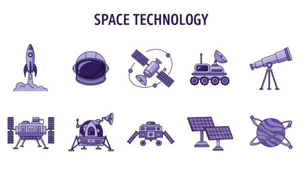 Purple line art icons illustrating various space technology items against a white background © Faisal